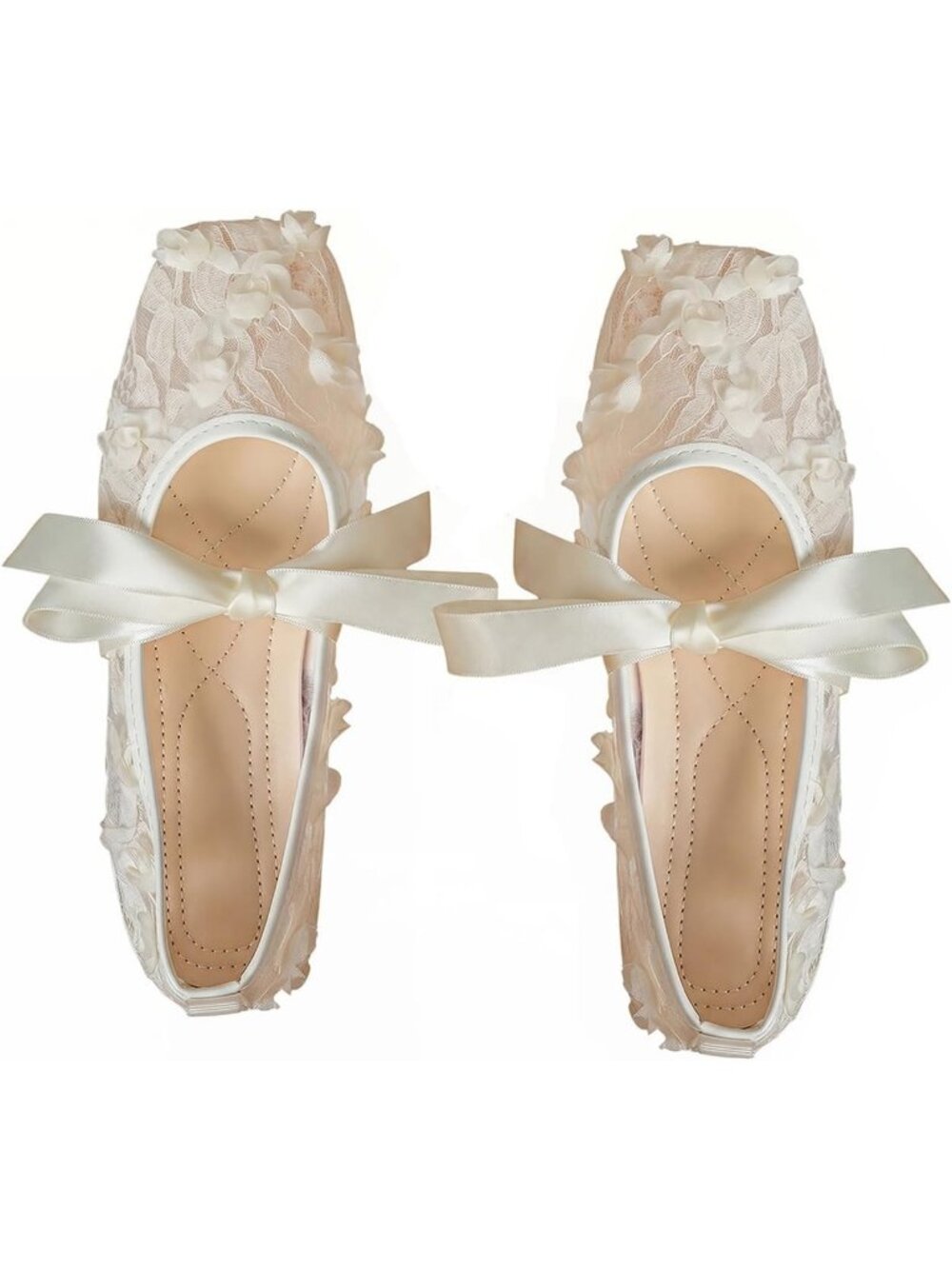 Women's Beige Mesh Ballet Flats Cute Lace Ballerina Flats Closed Square Toe